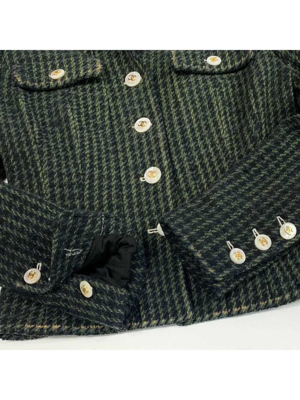 Chanel Collection CC Logo Button Tweed Short Jacket 40 Dark Green